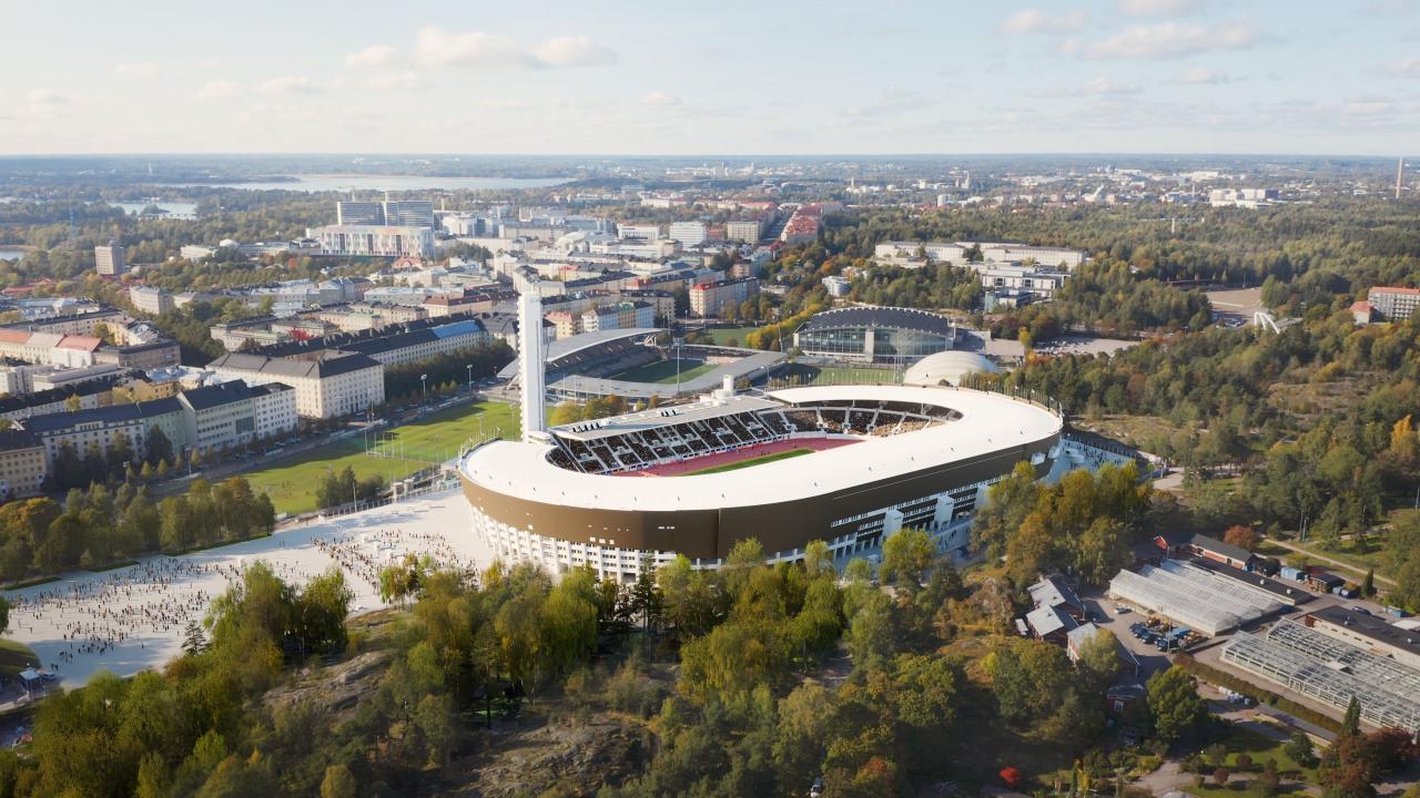 Havainnekuva uudistetusta Olympiastadionista kaukaa kuvattuna kokonaisuudessaan.